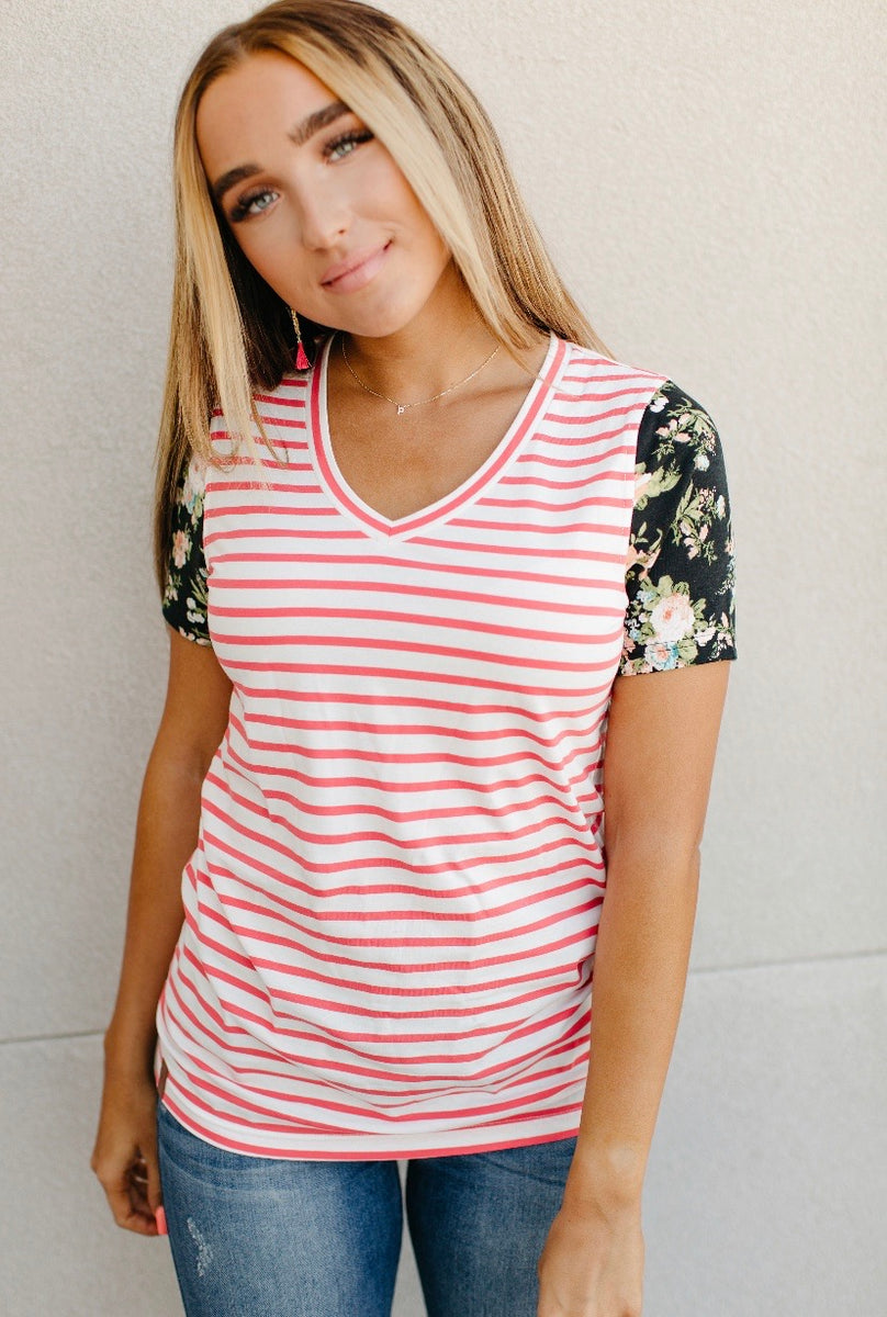 Lulu Tee- Coral Stripe & Floral Accent – Little Bear Boutique