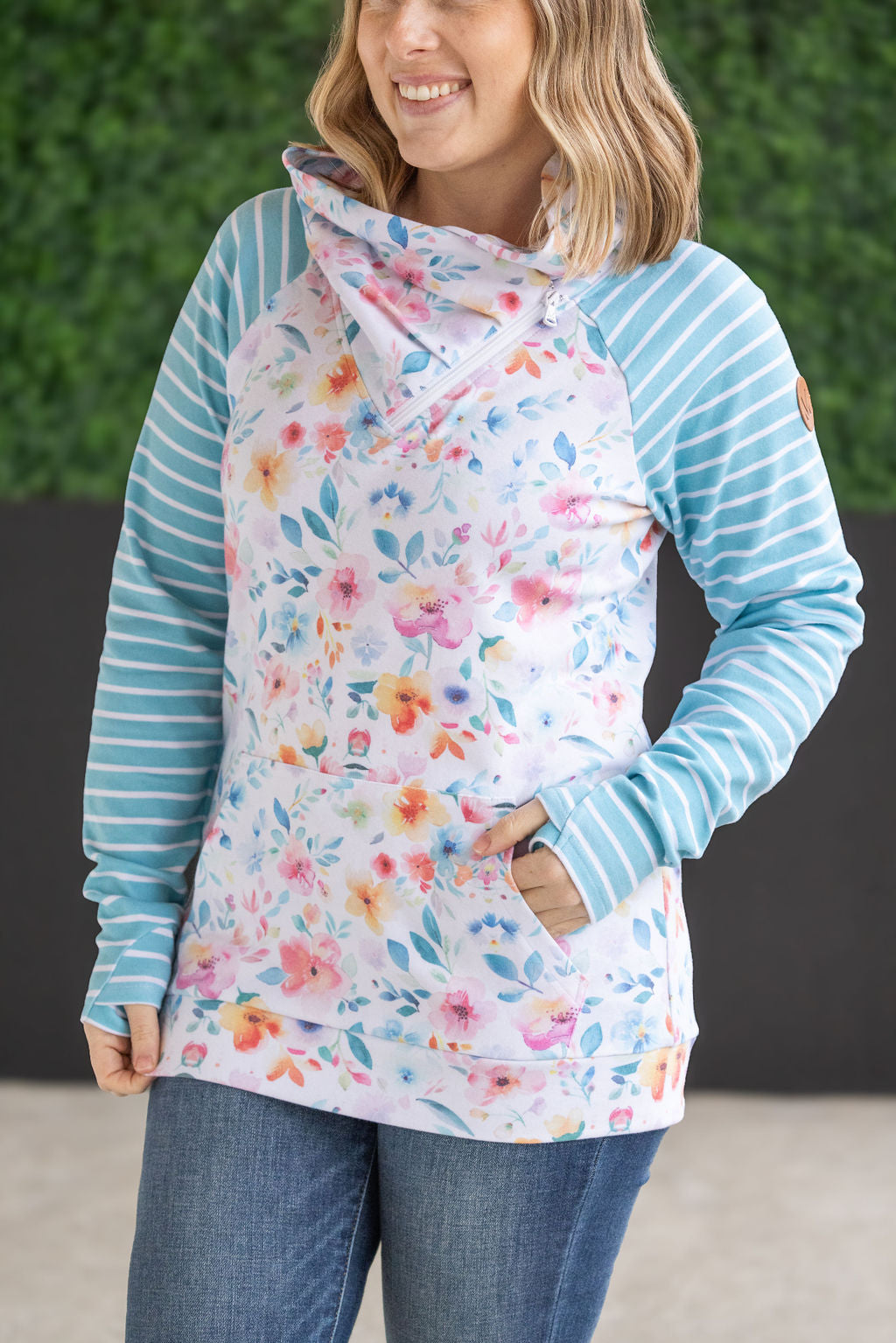 Zoey ZipCowl Sweatshirt - Watercolor Floral and Stripes