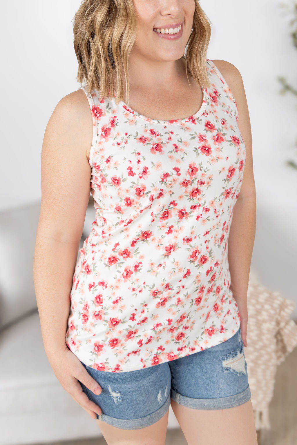 Luxe Crew Tank - Ivory Pink Floral