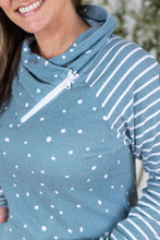Load image into Gallery viewer, Zoey ZipCowl Sweatshirt - Teal Dots and Stripes