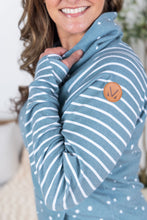 Load image into Gallery viewer, Zoey ZipCowl Sweatshirt - Teal Dots and Stripes
