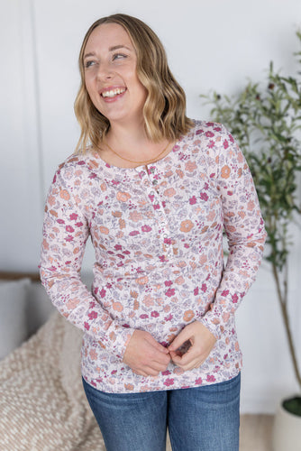 Button Snap Henley Top - Pink Fall Vintage Floral