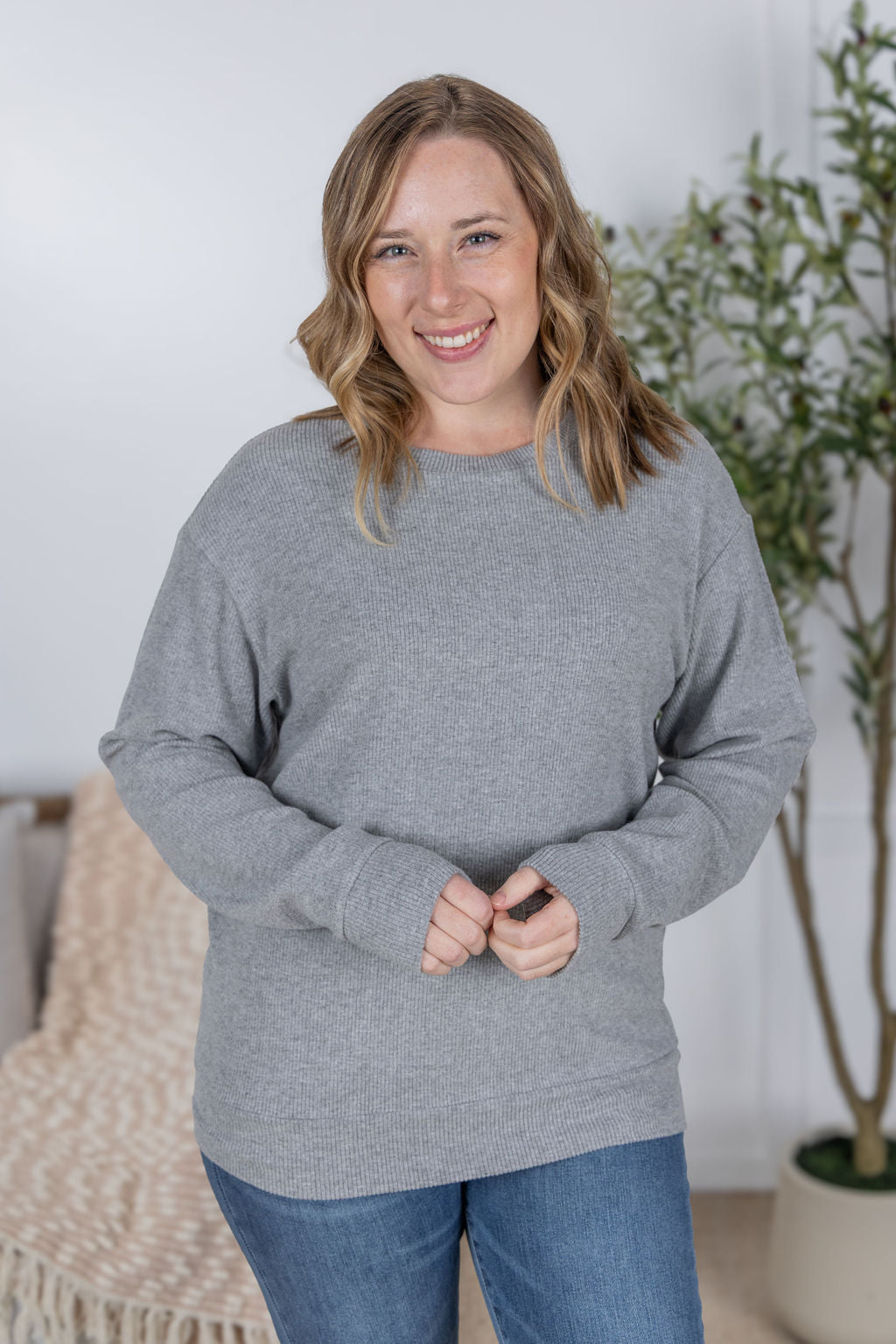 Corrine Ribbed Pullover Top - Light Grey