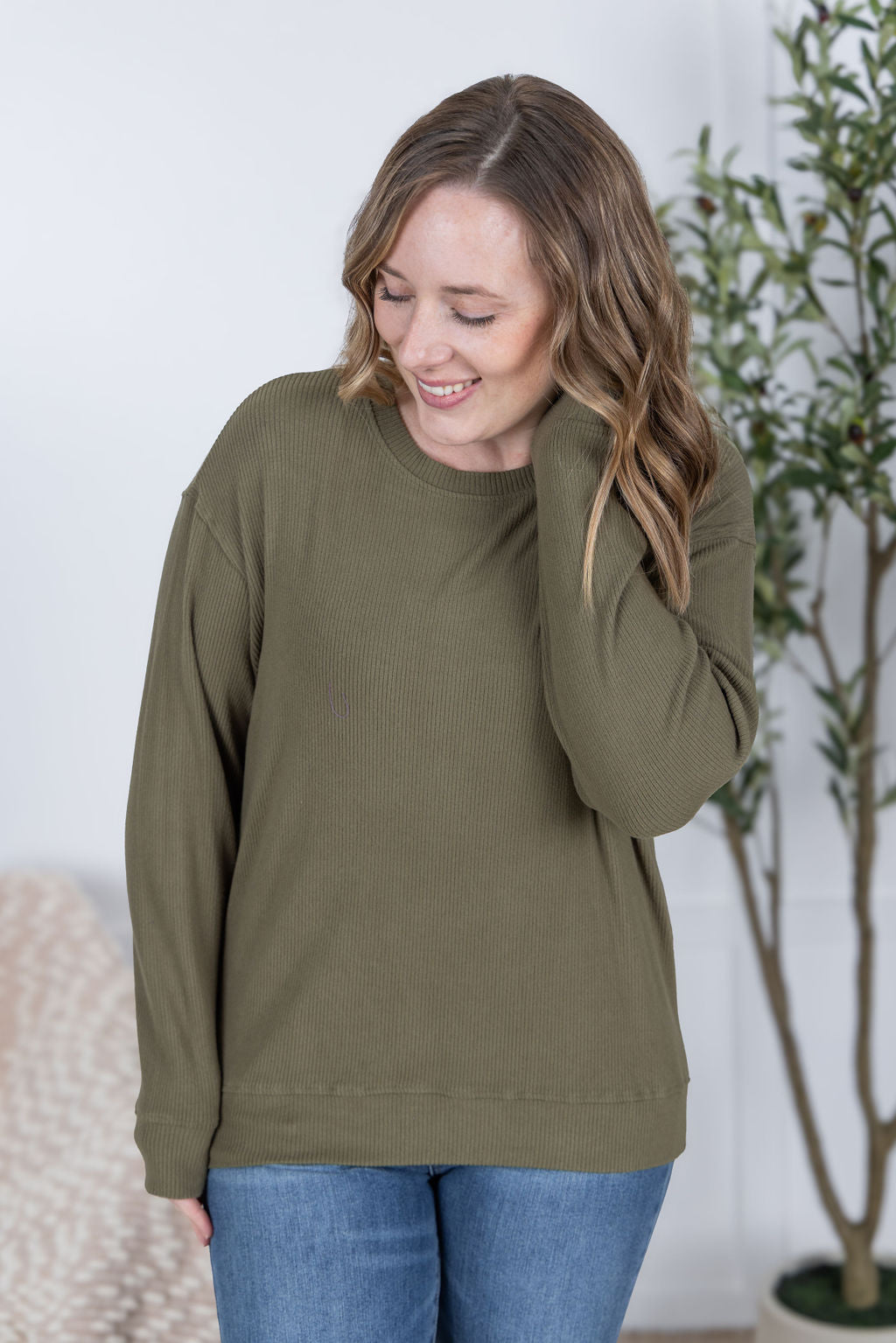 Corrine Ribbed Pullover Top - Olive