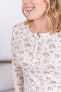 Button Snap Henley Top - Tan Micro Floral