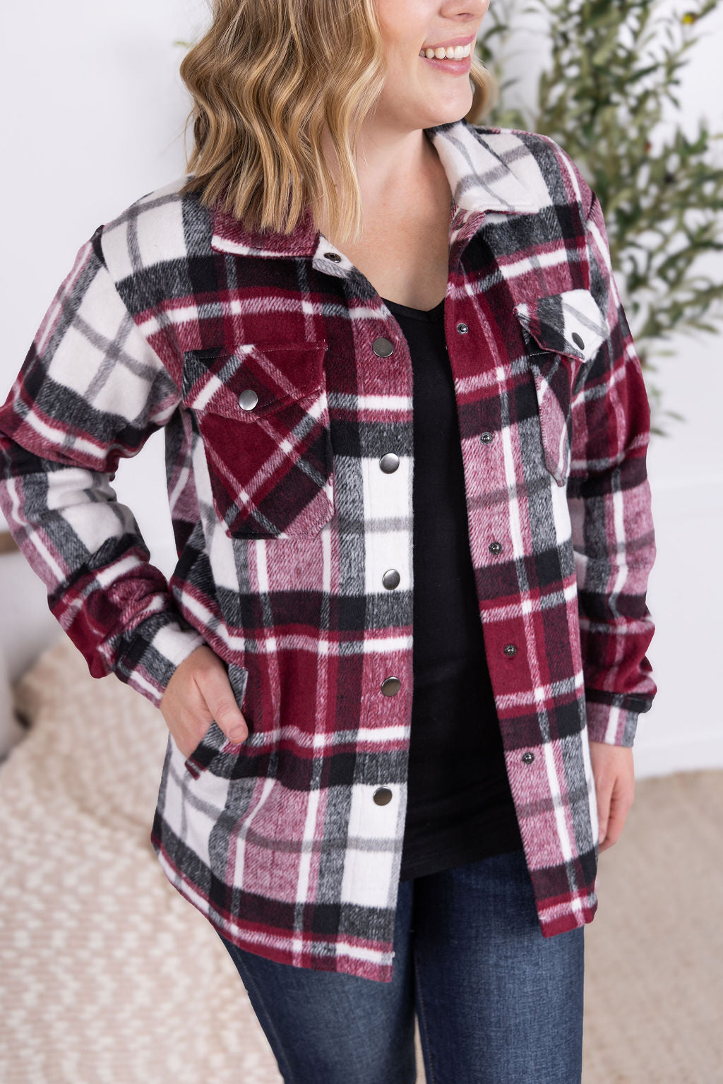 Norah Plaid Shacket - Merlot Mix