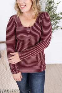 Striped Henley Long Sleeve - Burgundy