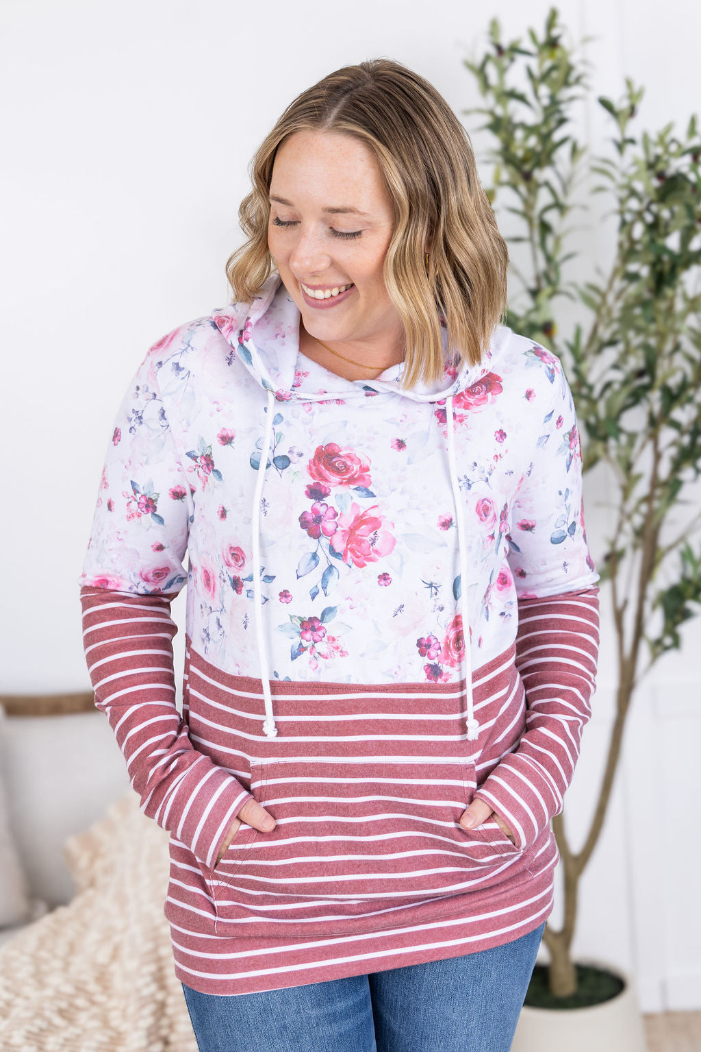 Hailey Pullover Hoodie - Pink Bloom and Stripes