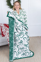 Load image into Gallery viewer, Plush and Fuzzy Blanket - White and Green Ribbons