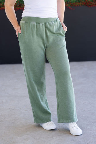 Wide Leg Vintage Wash Bottoms - Olive