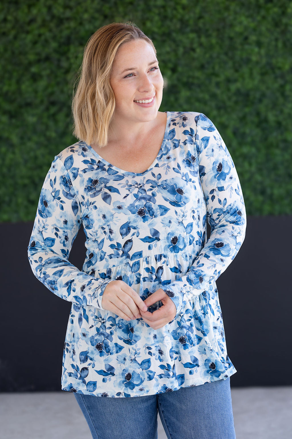 Long Sleeve Sarah Ruffle Top - Sapphire Floral