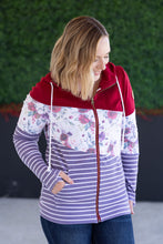 Load image into Gallery viewer, Colorblock Fullzip - Burgundy, Burgundy Bloom, and Plum Stripes