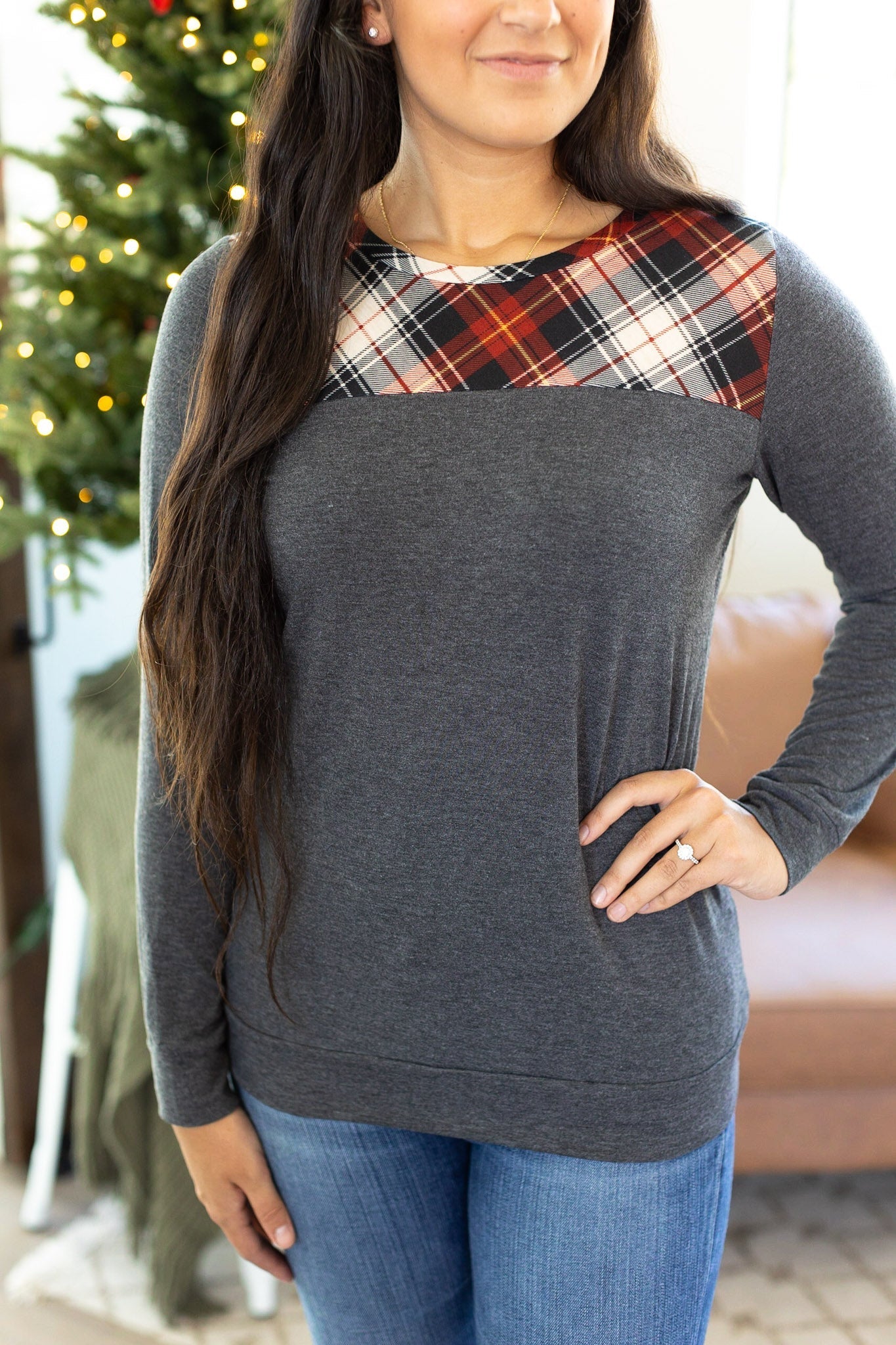 Abby Accent Top - Charcoal and Red Plaid