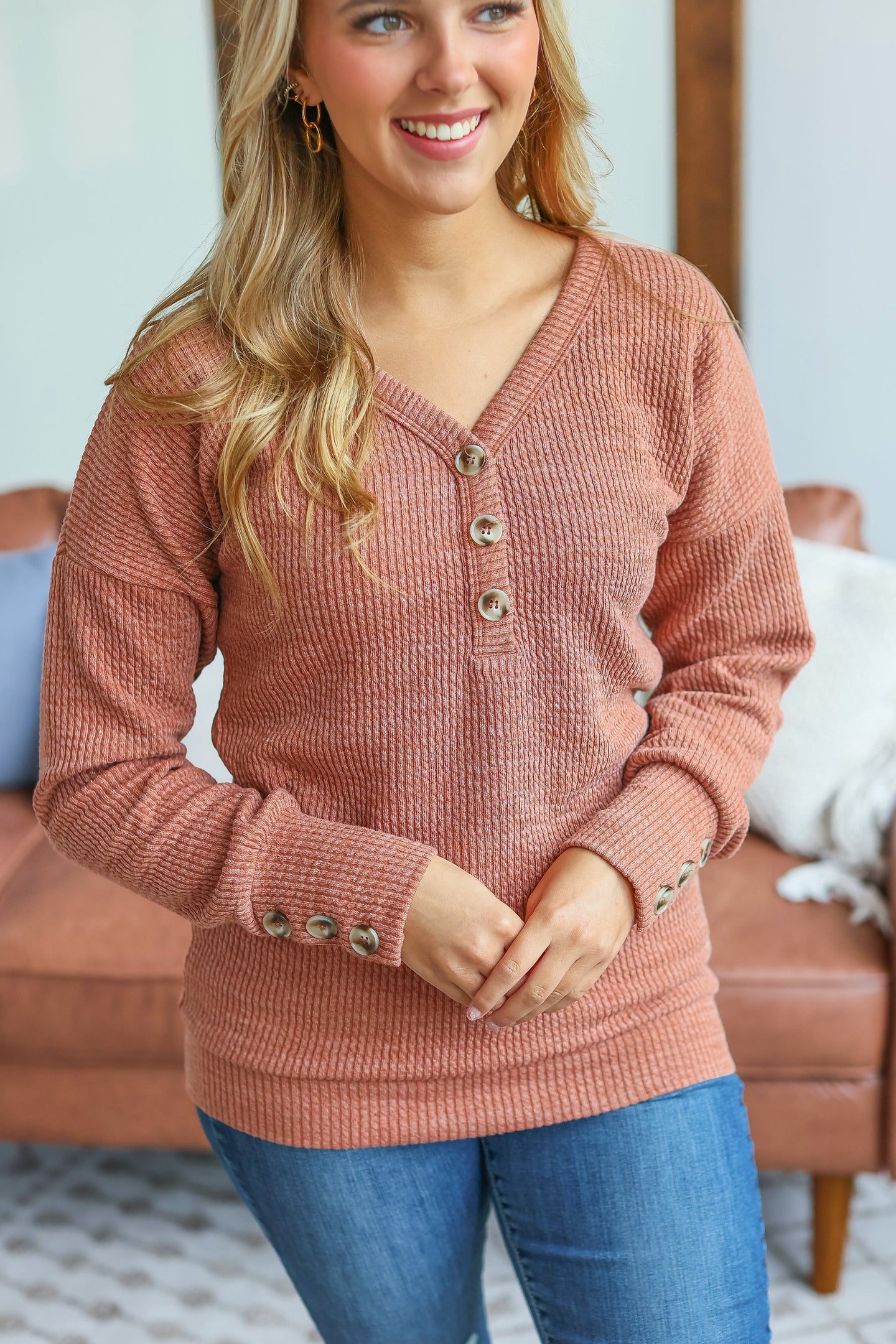 Brittney Button Sweater - Terra Cotta