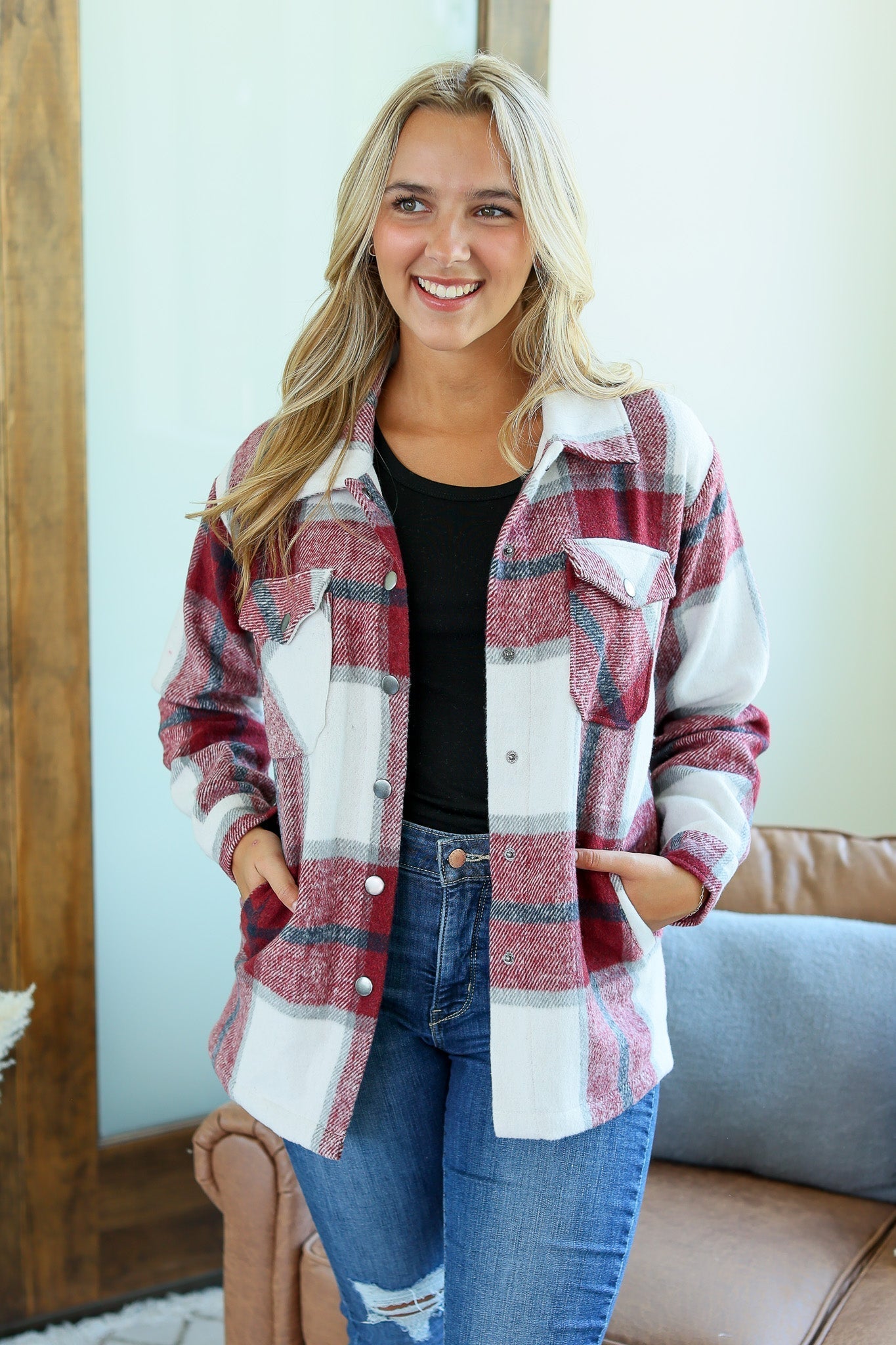 Norah Plaid Shacket - Red and Navy Mix