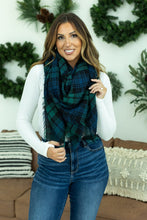 Load image into Gallery viewer, Blanket Scarf - Green and Navy Plaid