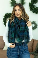 Load image into Gallery viewer, Blanket Scarf - Green and Navy Plaid