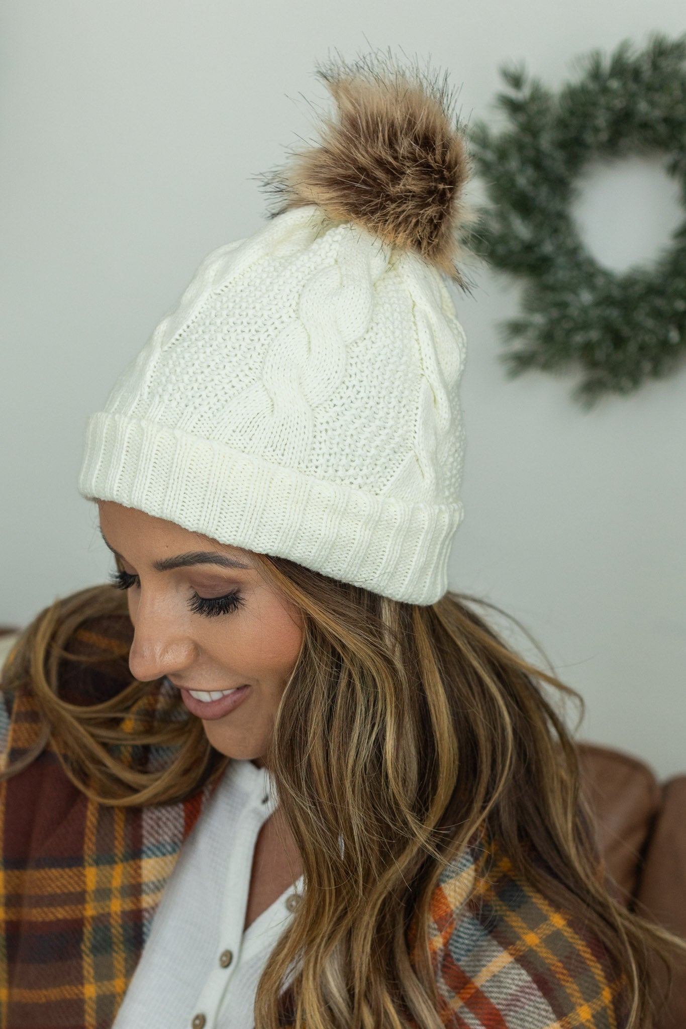 Carly Cable Knit Beanie - Ivory