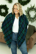 Load image into Gallery viewer, Blanket Scarf - Green and Navy Plaid