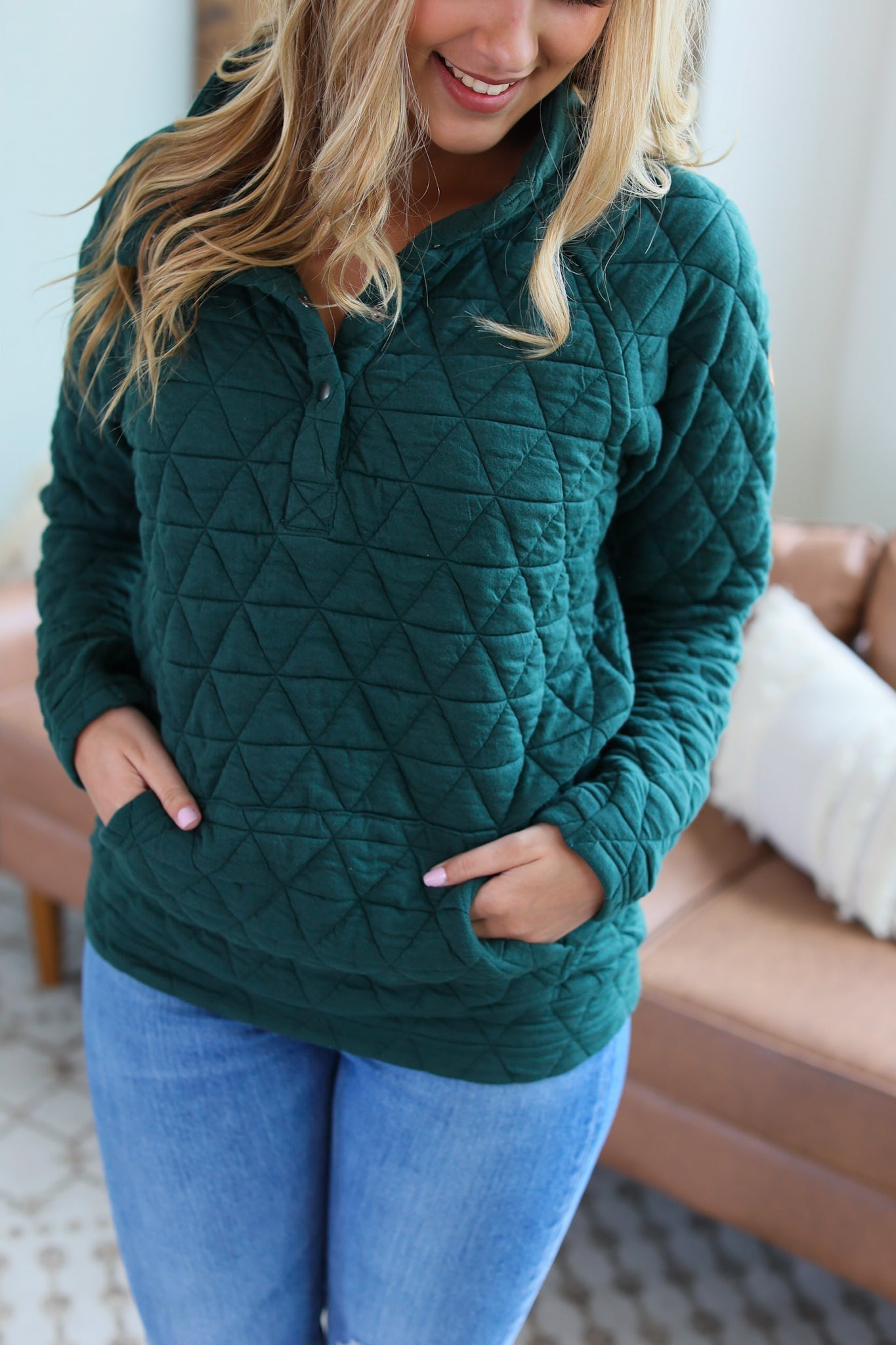 Geometric Button Snap Pullover - Evergreen