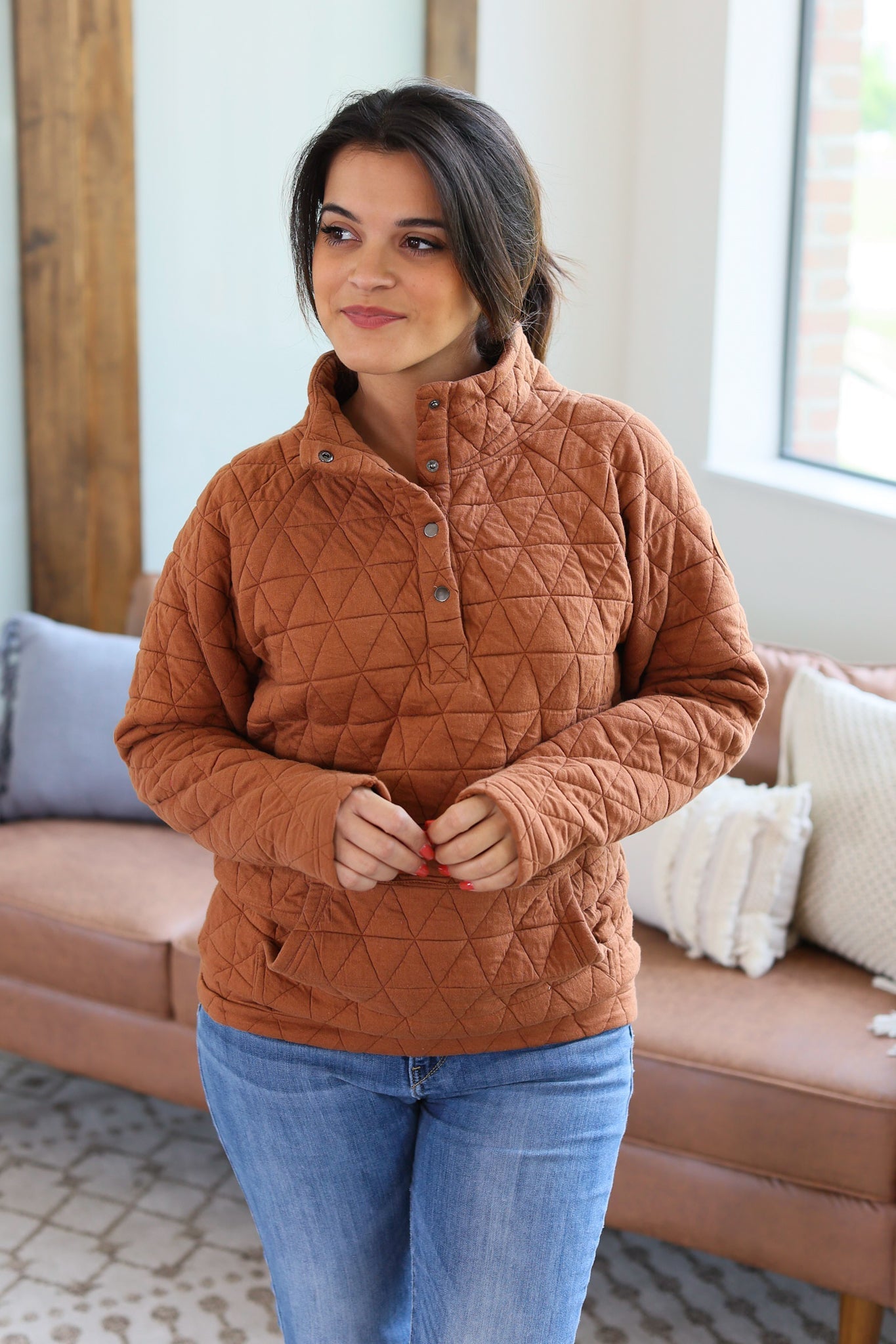 Geometric Button Snap Pullover - Rust