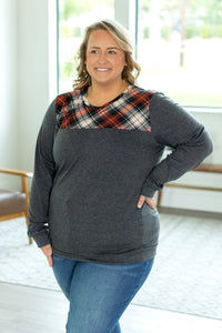 Abby Accent Top - Charcoal and Red Plaid