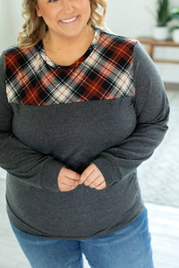 Abby Accent Top - Charcoal and Red Plaid