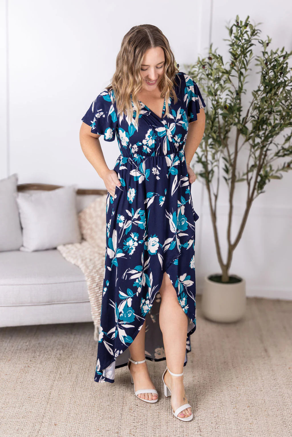 Harley High-Lo Dress - Navy and Teal Floral
