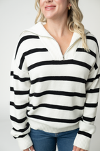 Load image into Gallery viewer, Quarter Zip Striped Pullover - Black and White