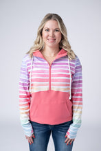 Load image into Gallery viewer, Classic Halfzip Hoodie - Rainbow Stripes and Sun Kissed Coral
