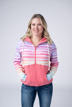 Load image into Gallery viewer, Classic Halfzip Hoodie - Rainbow Stripes and Sun Kissed Coral