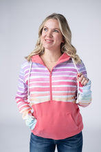 Load image into Gallery viewer, Classic Halfzip Hoodie - Rainbow Stripes and Sun Kissed Coral