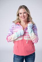 Load image into Gallery viewer, Classic Halfzip Hoodie - Rainbow Stripes and Sun Kissed Coral