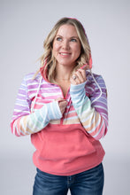 Load image into Gallery viewer, Classic Halfzip Hoodie - Rainbow Stripes and Sun Kissed Coral