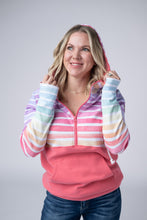 Load image into Gallery viewer, Classic Halfzip Hoodie - Rainbow Stripes and Sun Kissed Coral