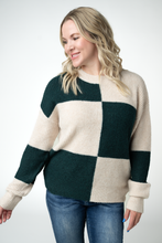 Load image into Gallery viewer, Checkered Block Sweater - Cream and Evergreen
