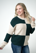 Load image into Gallery viewer, Checkered Block Sweater - Cream and Evergreen