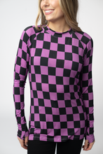 Load image into Gallery viewer, Blair Long Sleeve Top - Black and Purple Checkers