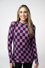 Load image into Gallery viewer, Blair Long Sleeve Top - Black and Purple Checkers