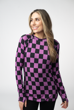 Load image into Gallery viewer, Blair Long Sleeve Top - Black and Purple Checkers