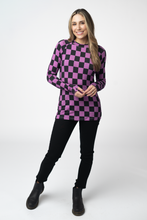 Load image into Gallery viewer, Blair Long Sleeve Top - Black and Purple Checkers