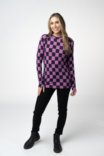 Load image into Gallery viewer, Blair Long Sleeve Top - Black and Purple Checkers