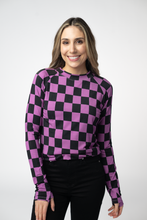 Load image into Gallery viewer, Blair Long Sleeve Top - Black and Purple Checkers