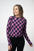 Load image into Gallery viewer, Blair Long Sleeve Top - Black and Purple Checkers