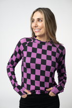 Load image into Gallery viewer, Blair Long Sleeve Top - Black and Purple Checkers