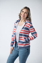 Load image into Gallery viewer, Fullzip Hoodie - Striped Red, White, and Micro Blue Stars