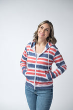 Load image into Gallery viewer, Fullzip Hoodie - Striped Red, White, and Micro Blue Stars