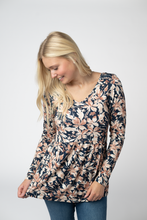 Load image into Gallery viewer, Long Sleeve Sarah Ruffle Top - Navy Autumn Petals