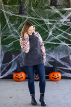 Load image into Gallery viewer, Zoey ZipCowl Sweatshirt -Trick-or-Treat Checkered and Charcoal