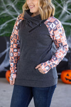 Load image into Gallery viewer, Zoey ZipCowl Sweatshirt -Trick-or-Treat Checkered and Charcoal